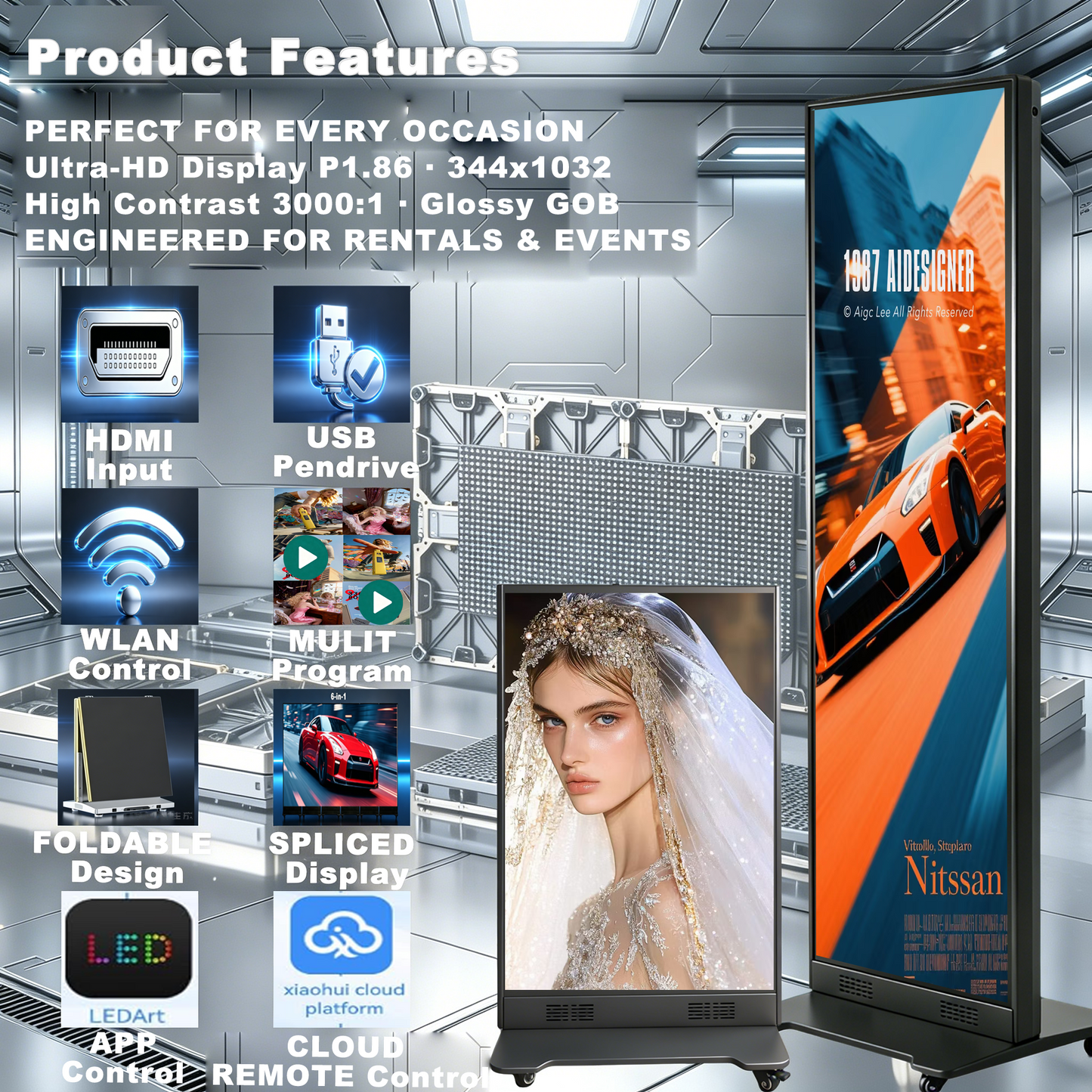 80 Inch LED Digital Signage Display, P1.86 GOB Technology Foldable Poster LED Screen, 3000:1 High Contrast Glossy Display, Seamless Splicing up to 6 Units, Smart Control LED Display with Flight Case for Commercial Events & Rentals（ Price for reference）