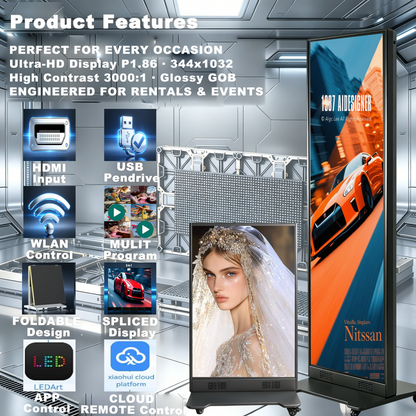 80 Inch LED Digital Signage Display, P1.86 GOB Technology Foldable Poster LED Screen, 3000:1 High Contrast Glossy Display, Seamless Splicing up to 6 Units, Smart Control LED Display with Flight Case for Commercial Events & Rentals（ Price for reference）