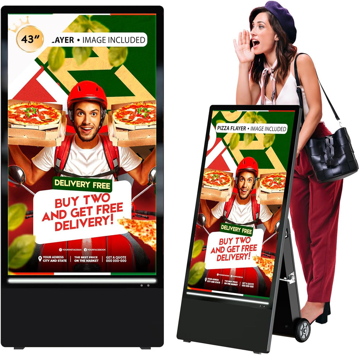 43 Inch Outdoor Digital Signage Display Monitor, Portable Battery Powered 2000Nit High Brightness Screen Advertising Display Kiosk, Movable Waterproof Standing Poster, Android OS