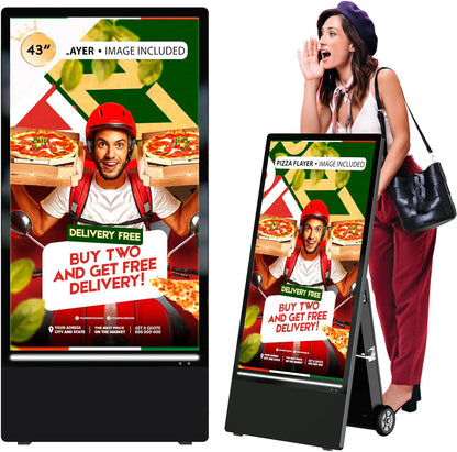 43 Inch Outdoor Digital Signage Display Monitor, Portable Battery Powered 2000Nit High Brightness Screen Advertising Display Kiosk, Movable Waterproof Standing Poster, Android OS