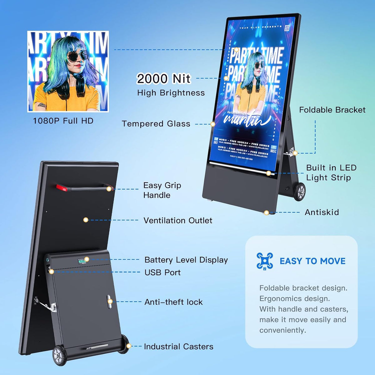 43 Inch Outdoor Digital Signage Display Monitor, Portable Battery Powered 2000Nit High Brightness Screen Advertising Display Kiosk, Movable Waterproof Standing Poster, Android OS