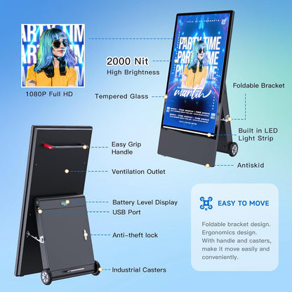 43 Inch Outdoor Digital Signage Display Monitor, Portable Battery Powered 2000Nit High Brightness Screen Advertising Display Kiosk, Movable Waterproof Standing Poster, Android OS