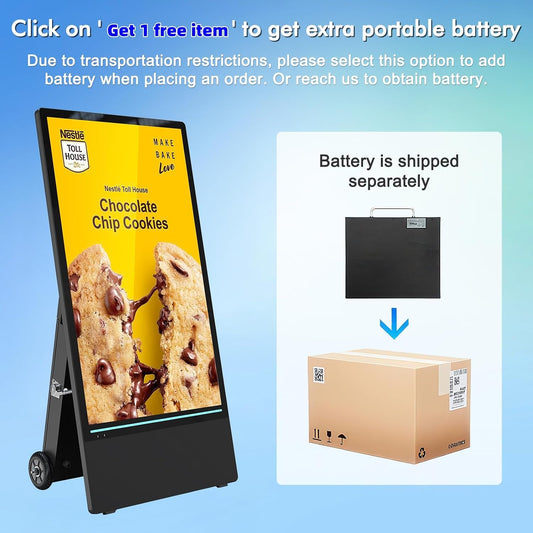 43 Inch Outdoor Digital Signage Display Monitor, Portable Battery Powered 2000Nit High Brightness Screen Advertising Display Kiosk, Movable Waterproof Standing Poster, Android OS