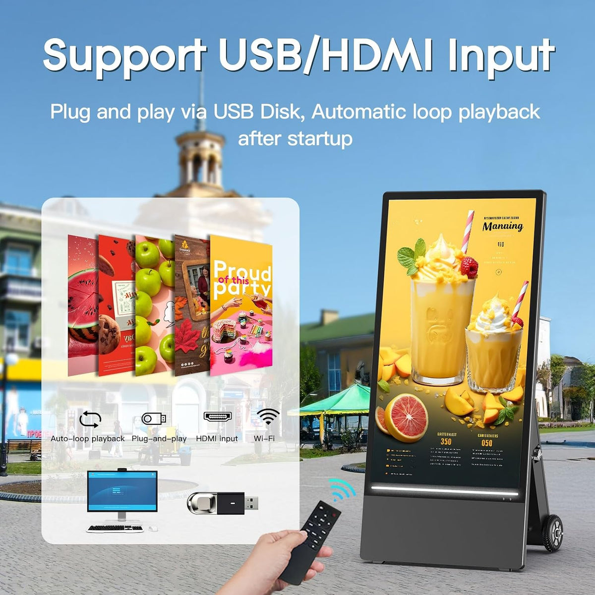 43 Inch Outdoor Digital Signage Display Monitor, Portable Battery Powered 2000Nit High Brightness Screen Advertising Display Kiosk, Movable Waterproof Standing Poster, Android OS