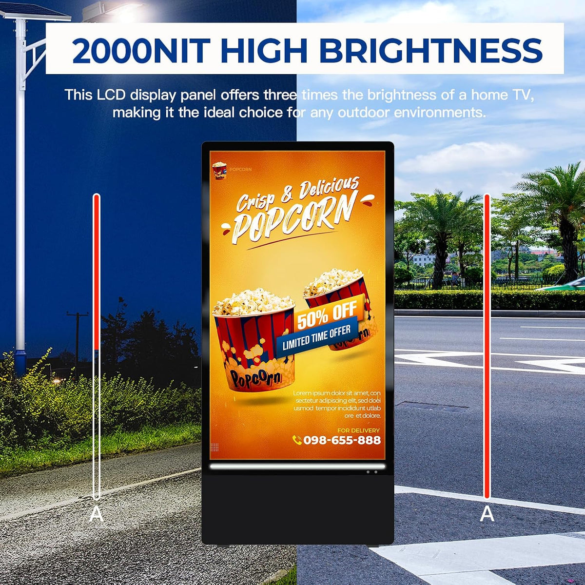 43 Inch Outdoor Digital Signage Display Monitor, Portable Battery Powered 2000Nit High Brightness Screen Advertising Display Kiosk, Movable Waterproof Standing Poster, Android OS