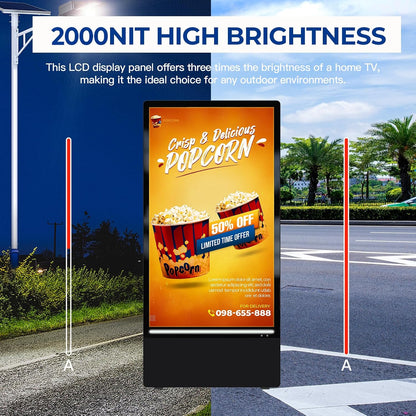 43 Inch Outdoor Digital Signage Display Monitor, Portable Battery Powered 2000Nit High Brightness Screen Advertising Display Kiosk, Movable Waterproof Standing Poster, Android OS