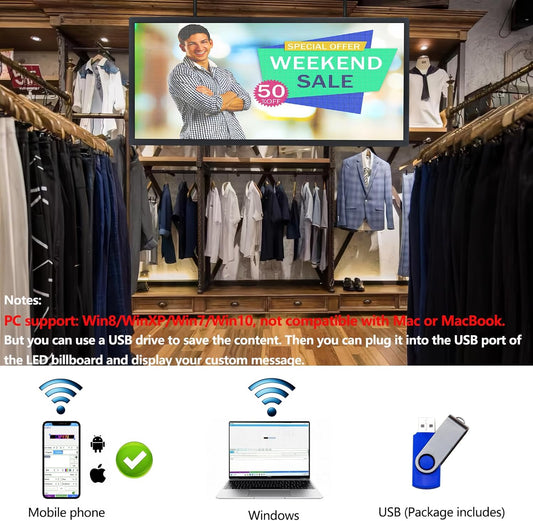 P3 Full Color LED Scrolling Programmable Sign Brightness Adjustable, IP65 Outdoor Digital Message Board, WiFi + USB Control Led Message Signs for Restaurant to Display Text/Images/Video 40''x17''