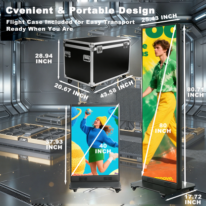 80 Inch LED Digital Signage Display, P1.86 GOB Technology Foldable Poster LED Screen, 3000:1 High Contrast Glossy Display, Seamless Splicing up to 6 Units, Smart Control LED Display with Flight Case for Commercial Events & Rentals（ Price for reference）