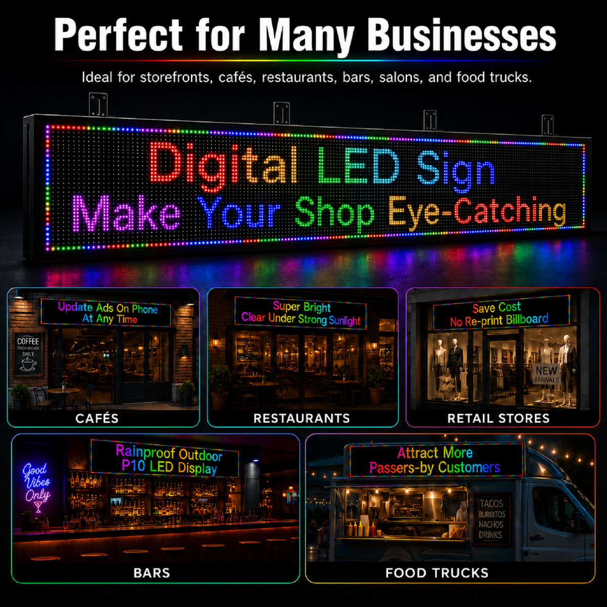 P10 Programmable LED Sign – Outdoor Scrolling Message Board with WiFi Control & 5000 Nit Brightness